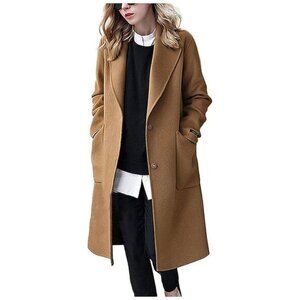 Women's Winter Casual Single Breasted Long Wool Coat Camel